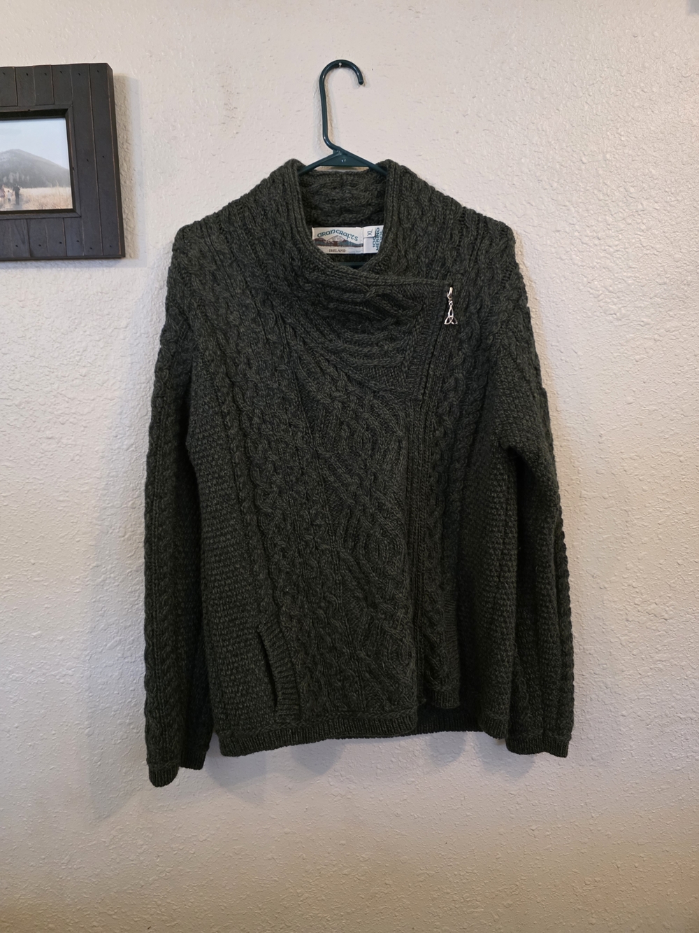 Aran Crafts Olive Green Cable Knit Merino Wool Turtleneck Sweater